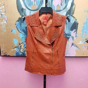 V Cristina Burnt Orange/Ruse Moto Zip Vegan Ostrich Leather Studded Vest